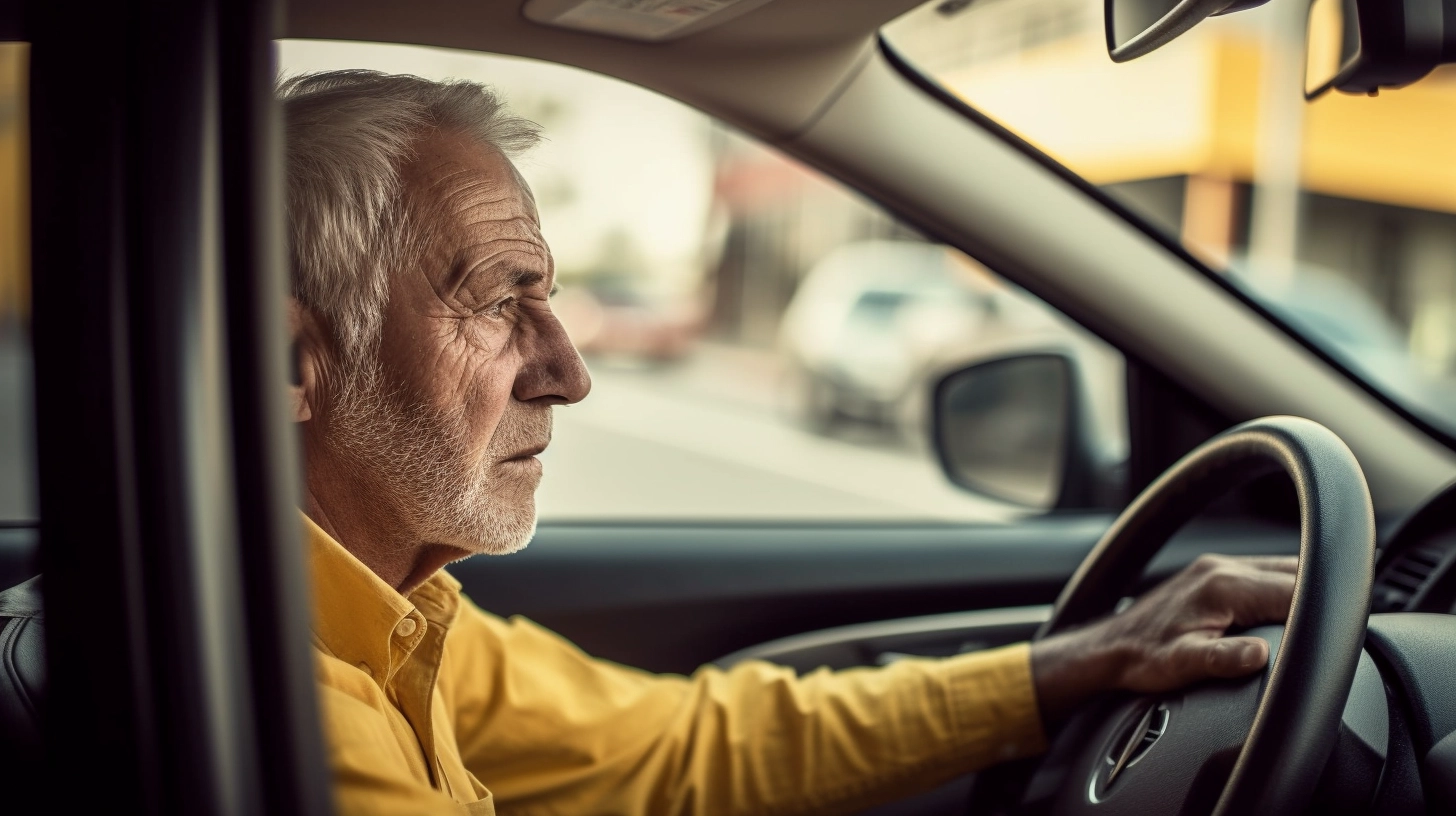 Man in a yellow shirt driving a car