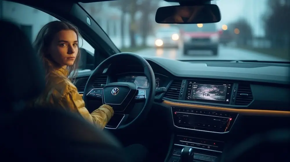 Young girl in a yellow coat driving a Skoda Kodiaq