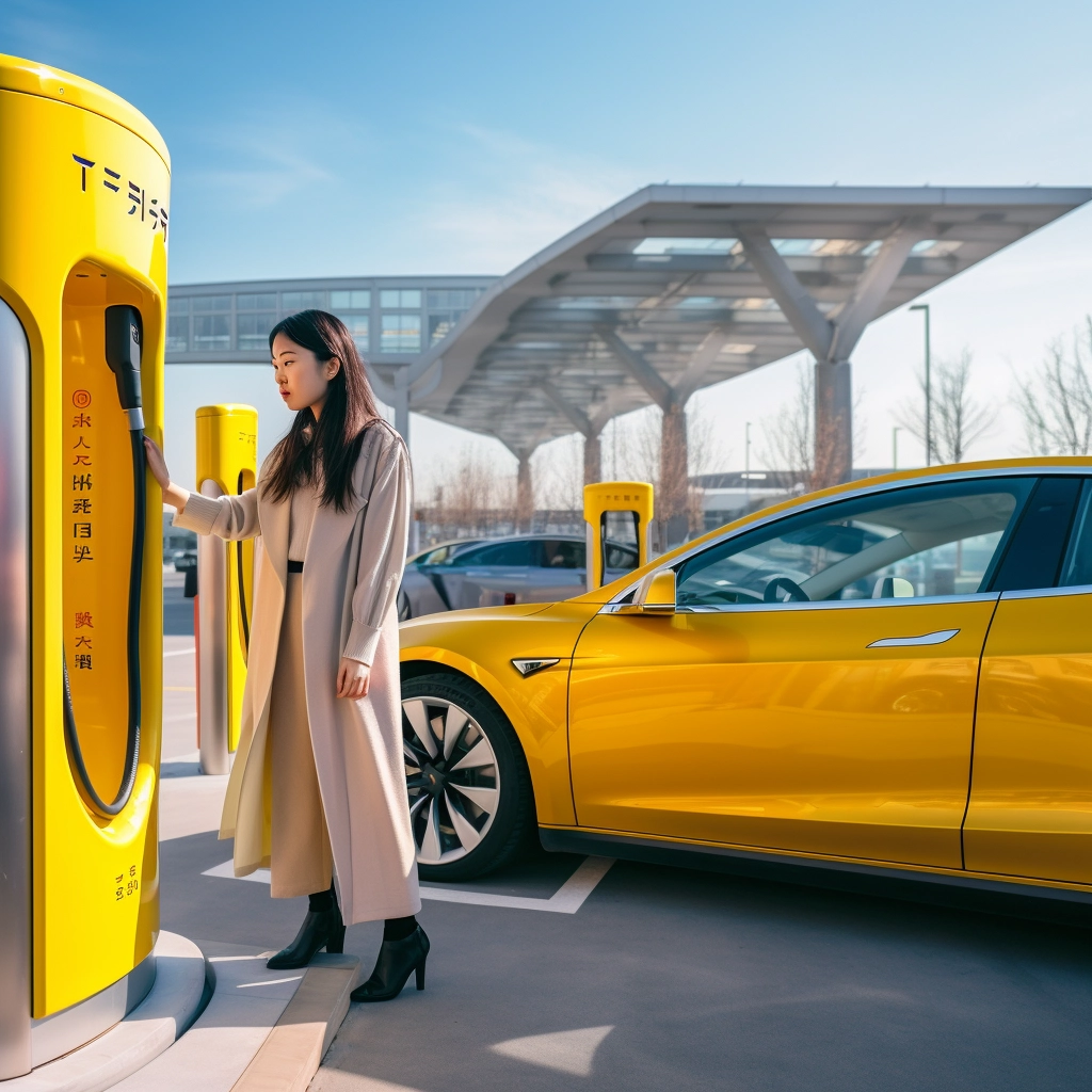 Lady at Supercharger charging Yellow Telsa Model S