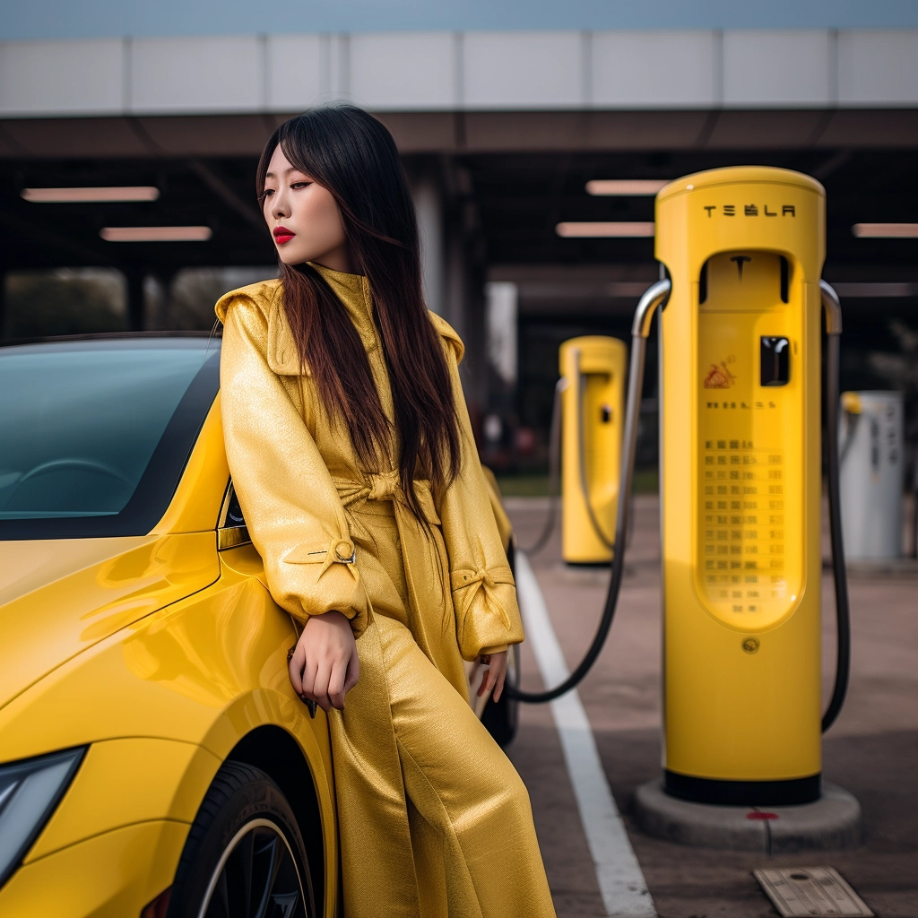 Asian Lady in Yellow putting her Tesla Model Y on charge