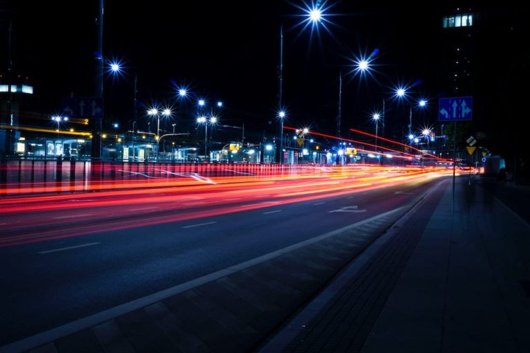 Ligt streams at night from car headlights