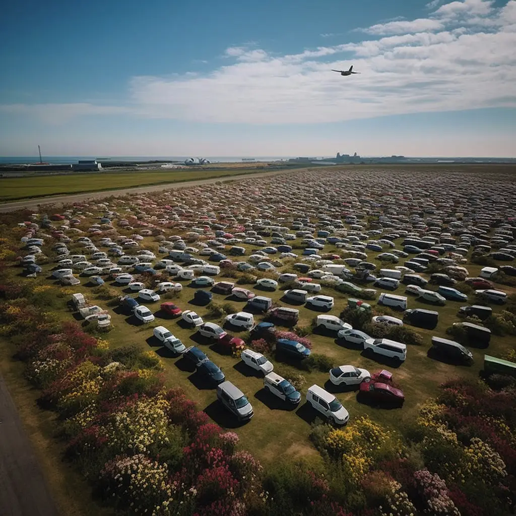 9 million cars parked in a field with the sea in the distance and an airplane visible in the sky