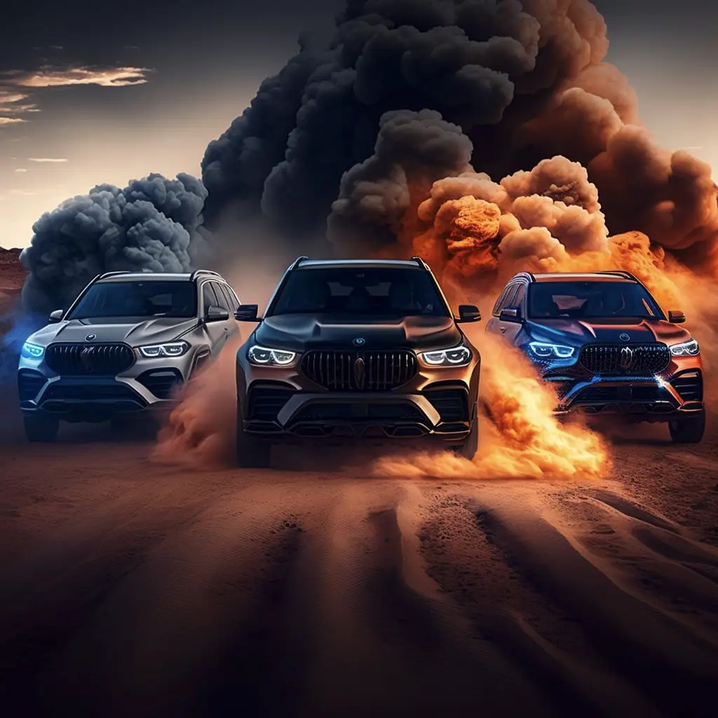 3 BMW X5's driving through flames on a dusty road
