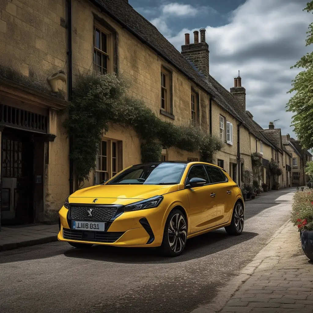 Peugeot E-208 in Yellow on a small quaint steet in the Cotswolds