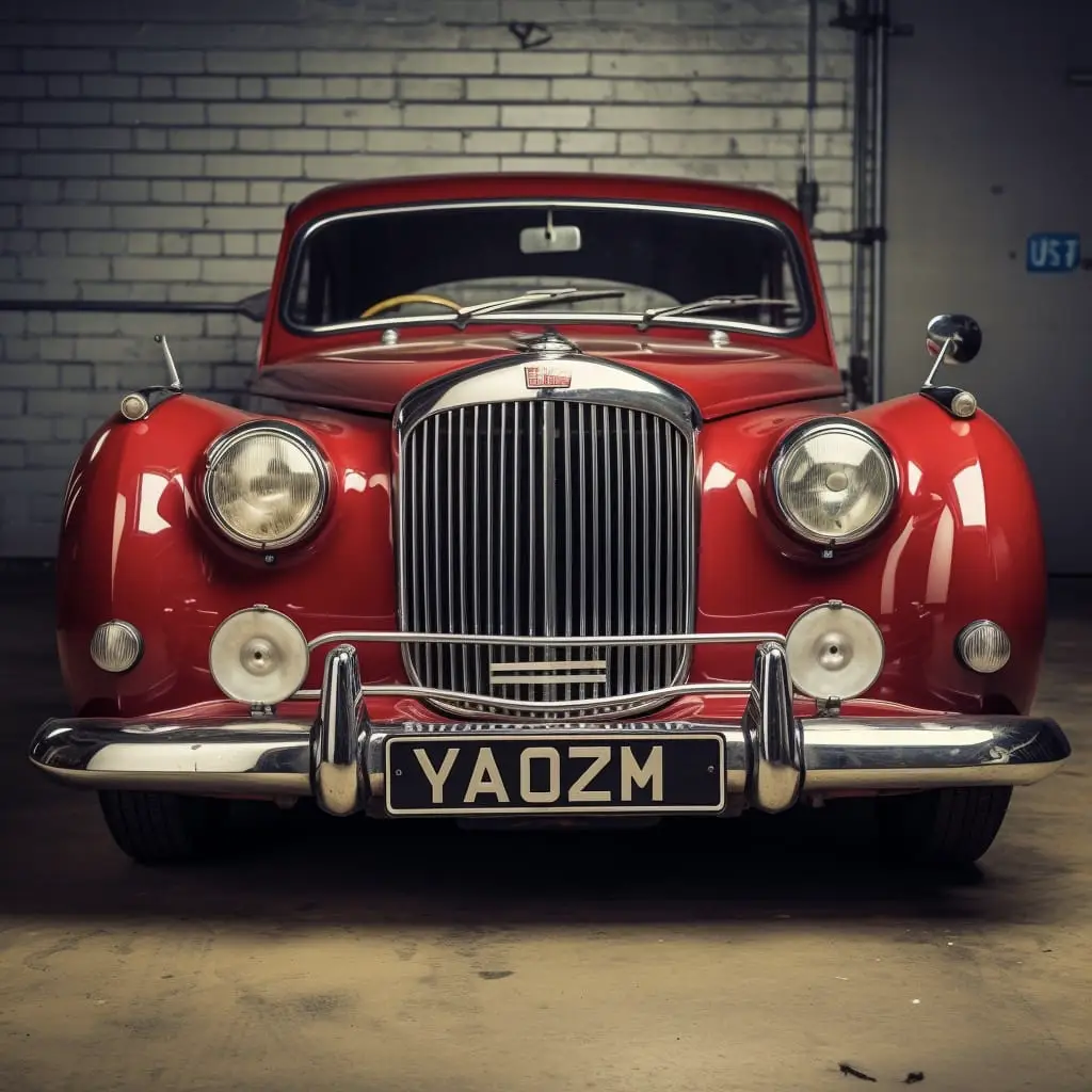 Red Classic Car with a Black and SIlver Number Plate on