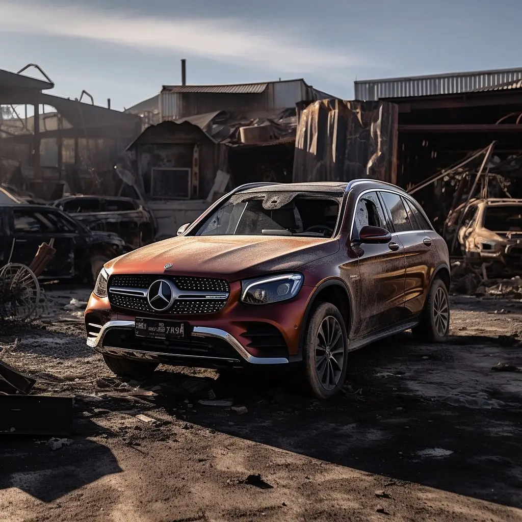 Mercedes GLC in Patagonia Red in a scrap yard covered in dust