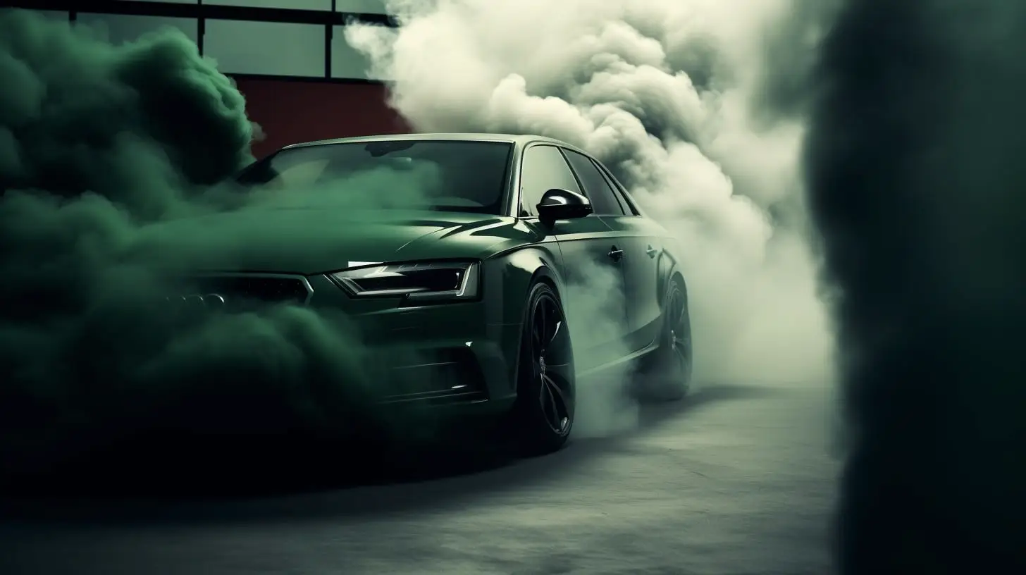 Generic Green Car sat in a dark cloud of bad emmissions.