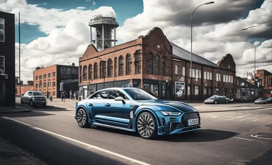 Audi A5 Sportback parked on the road outside an industrial looking mill