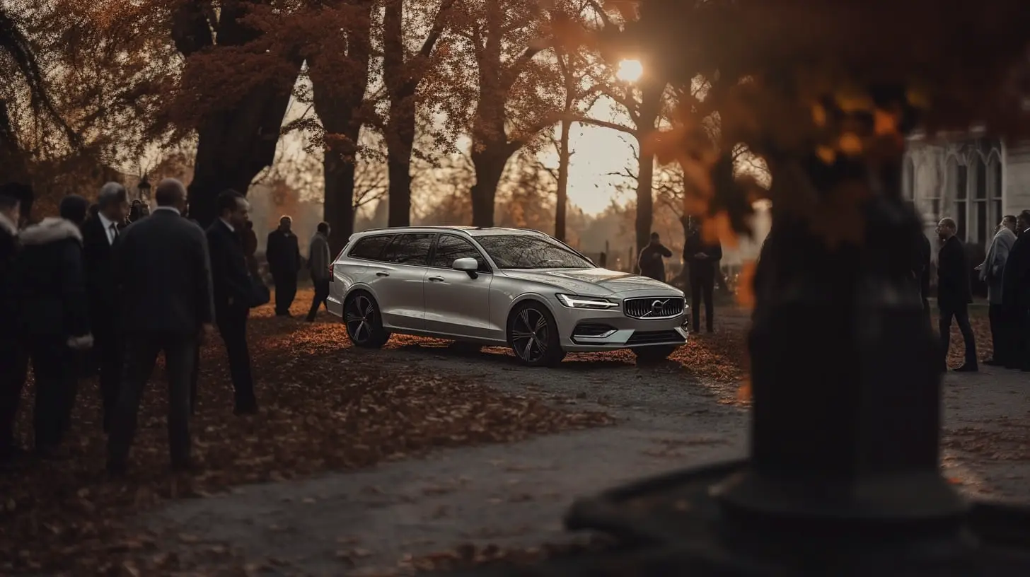 Volvo V60 Parked outside a church surrounded by mourners