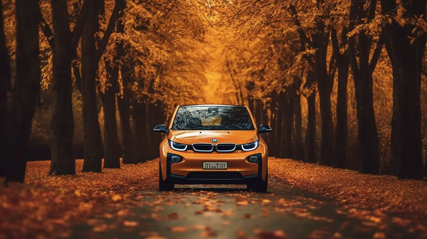 BMW i3 in Organe driving down a row of trees that are chaning colours for autumn