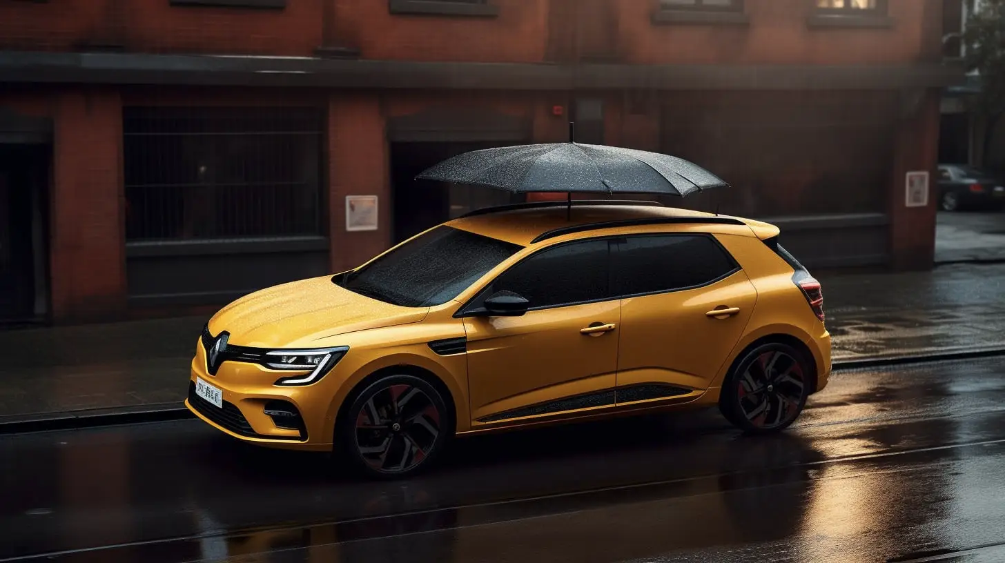 Renault Clio with an umberella open on the roof