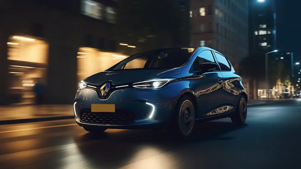 Renault Zoe in Blue driving fast past office buildings in a city