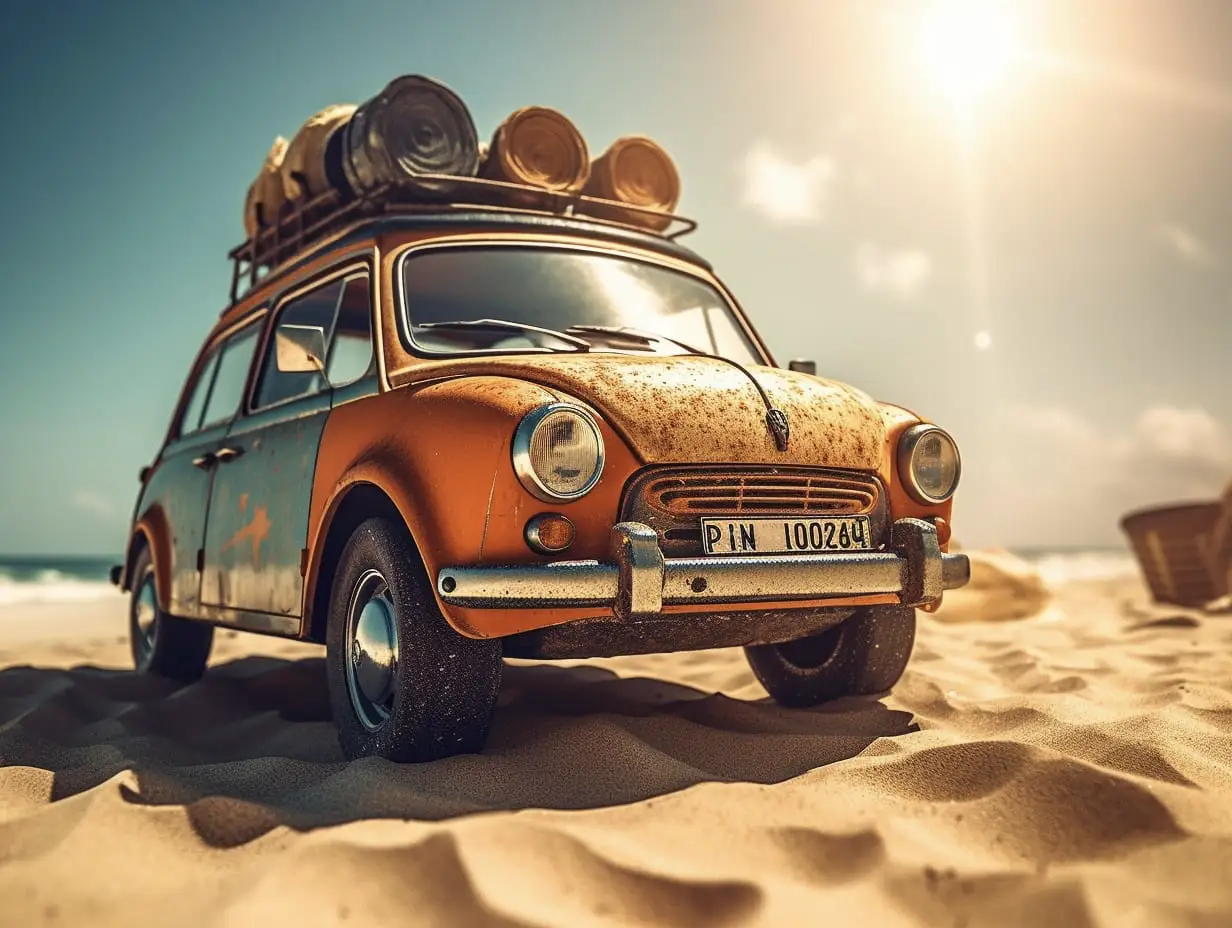 AI generated car parked on a beach with the sea in the distance