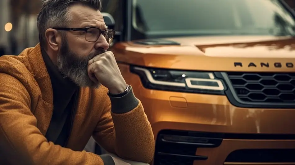 Bearded man deep in though, thinking about his insurance, sat in front of his Yellow Range Rover