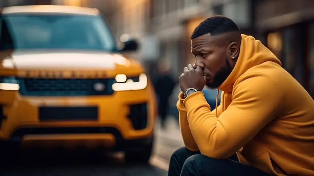 Man in yellow hoodie sat deep in thought in front of his yellow Range Rover