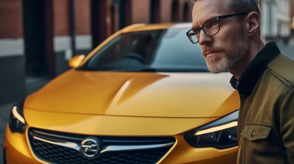 Man stood thinking next to his Vauxhall Corsa in Yellow