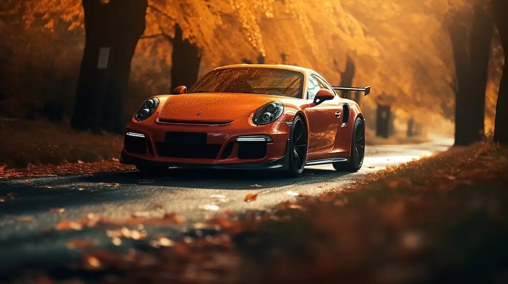 Orange Porsche 911 driving down an autumnal road