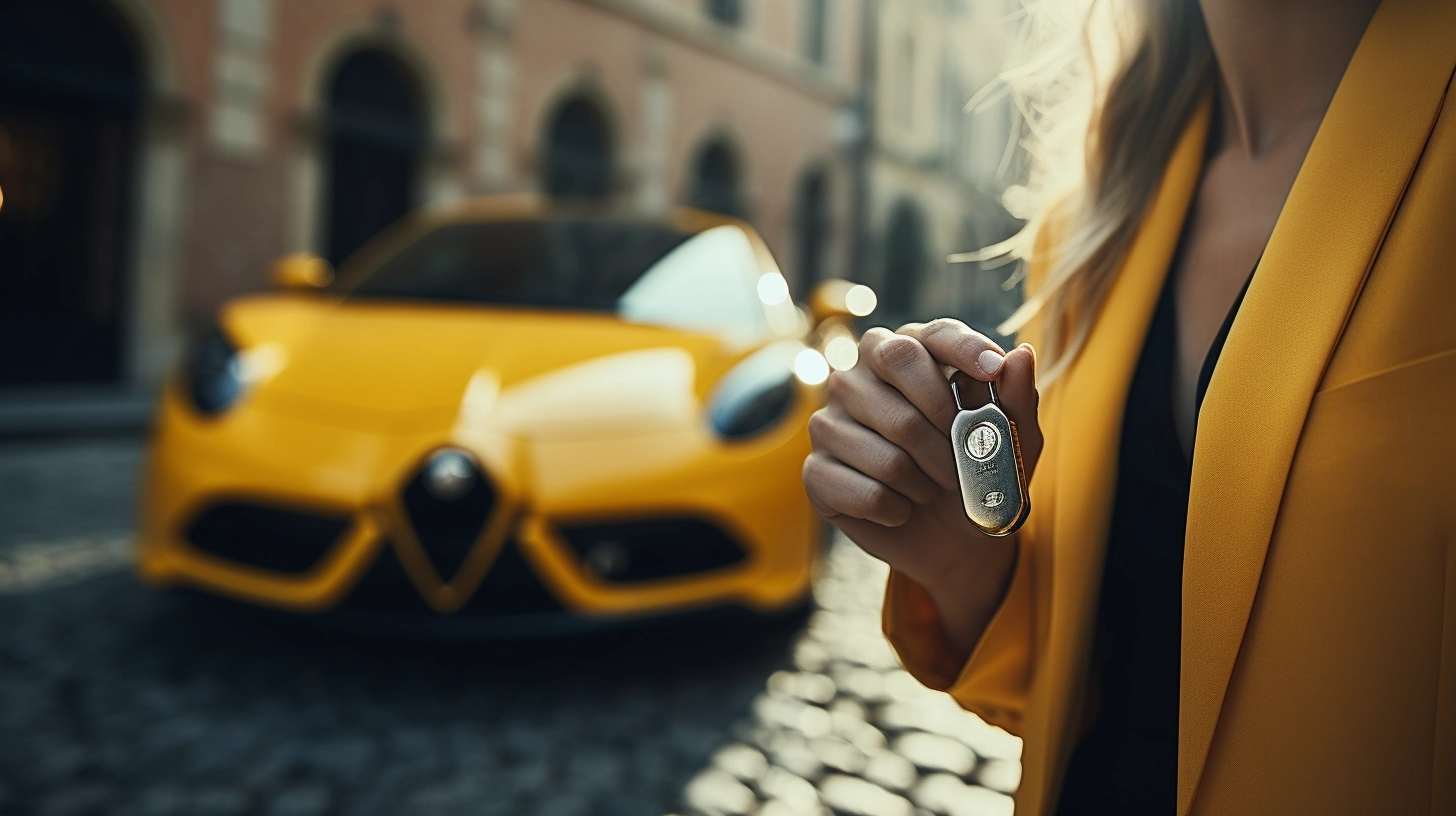 Alfa Romeo Car Key being held in front of a yellow Alfa Romeo 4C sportscar