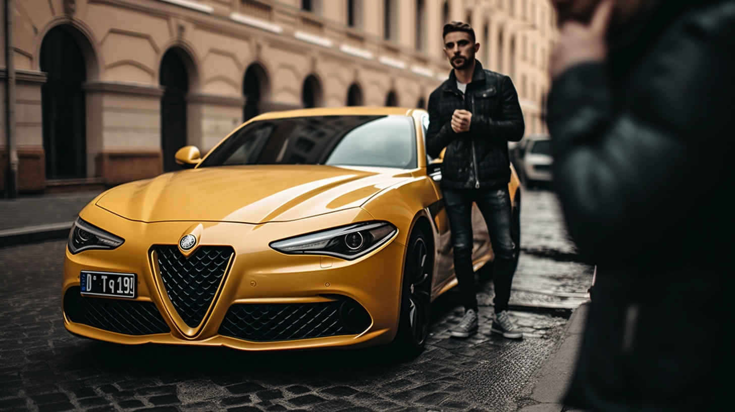Yellow Alfa Romeo with a businessman stood next to him
