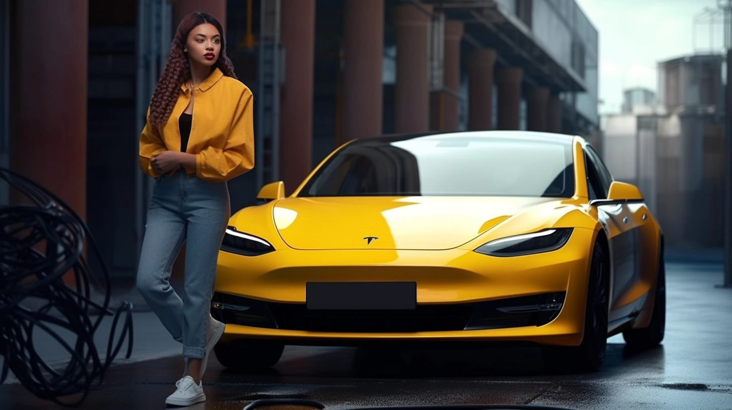 Girl stood in front of her electric car
