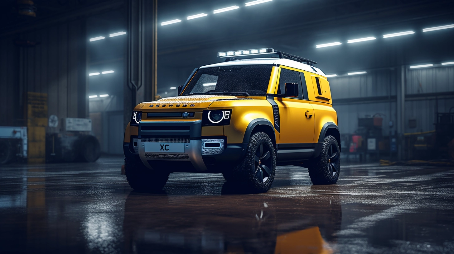 Yellow Land Rover Defender parking in a car workshop