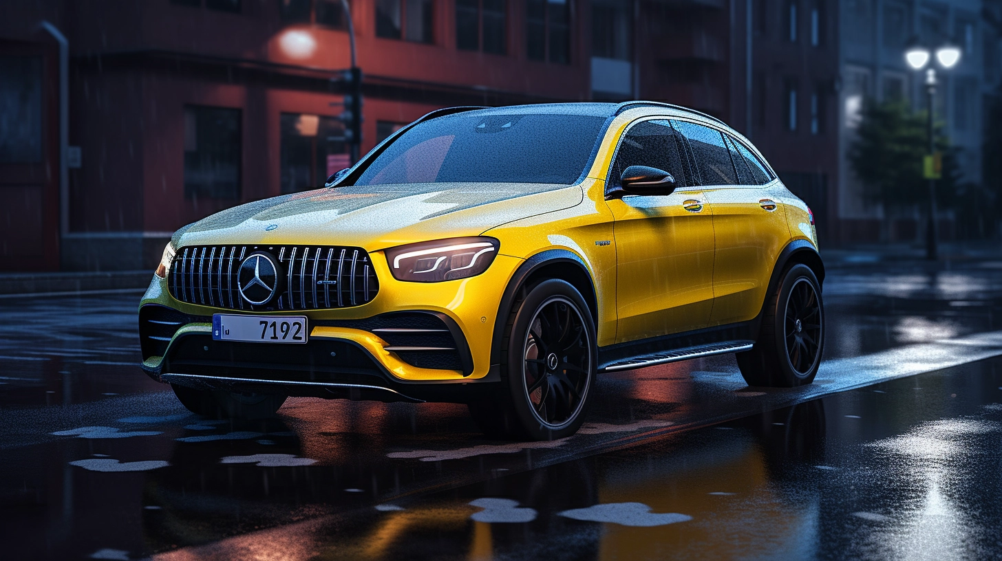 Mercedes GLC in Yellow in front of buildings