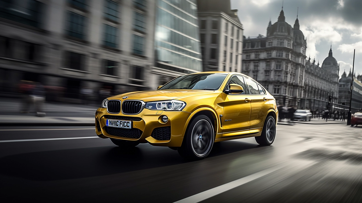 Yellow BMW X4 driving through London