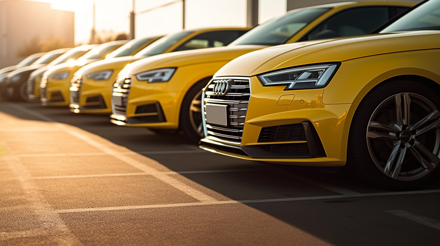 Yellow Audi A4's lined in a row part of a business fleet
