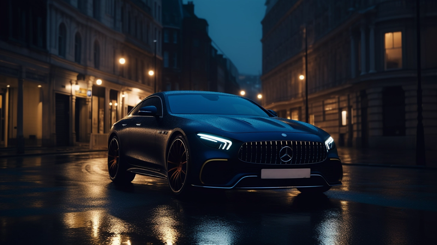 High-End Mercedes driving through dark city