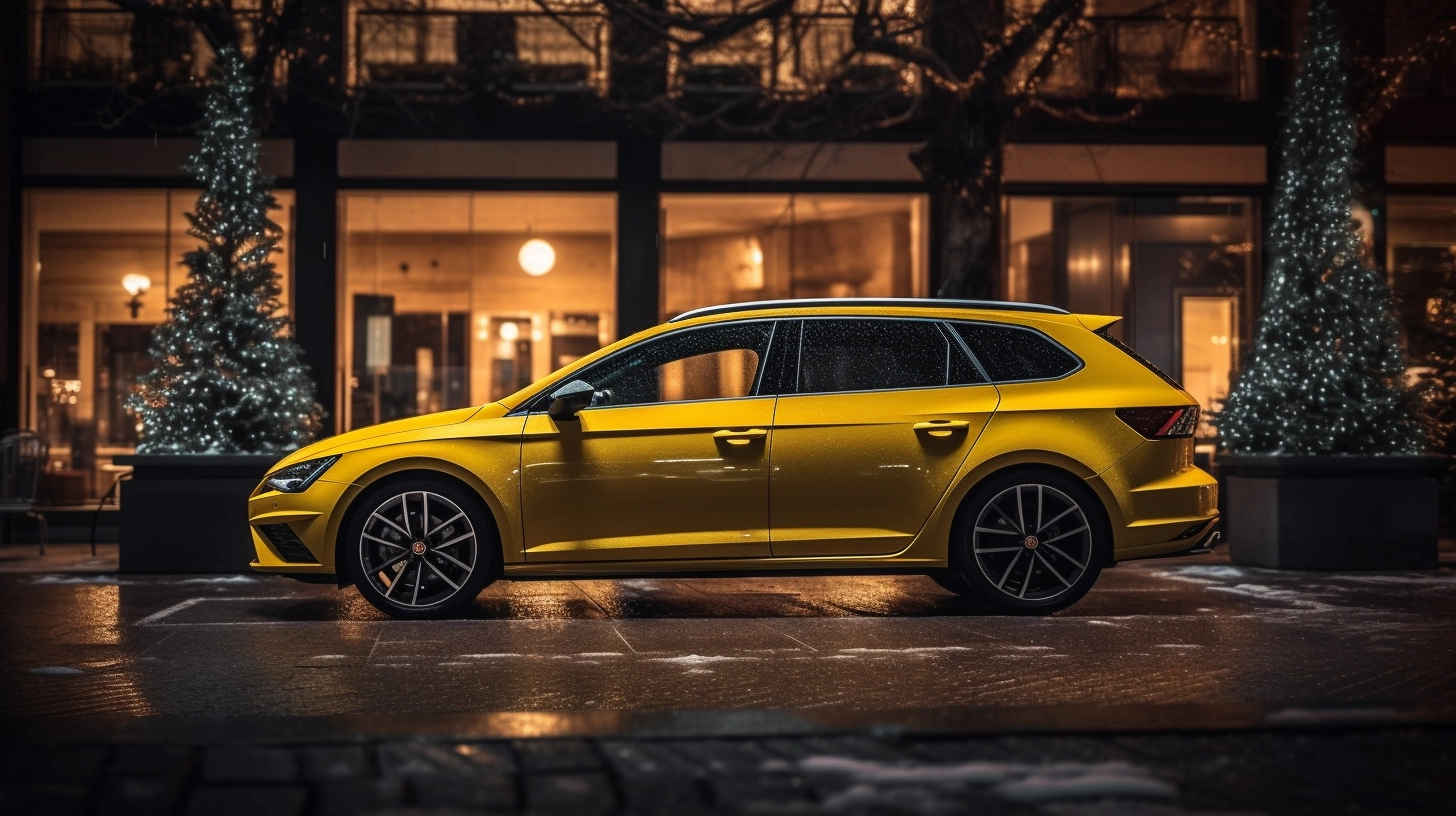 Yellow Seat Leon parked in front of a Christmas tree in London