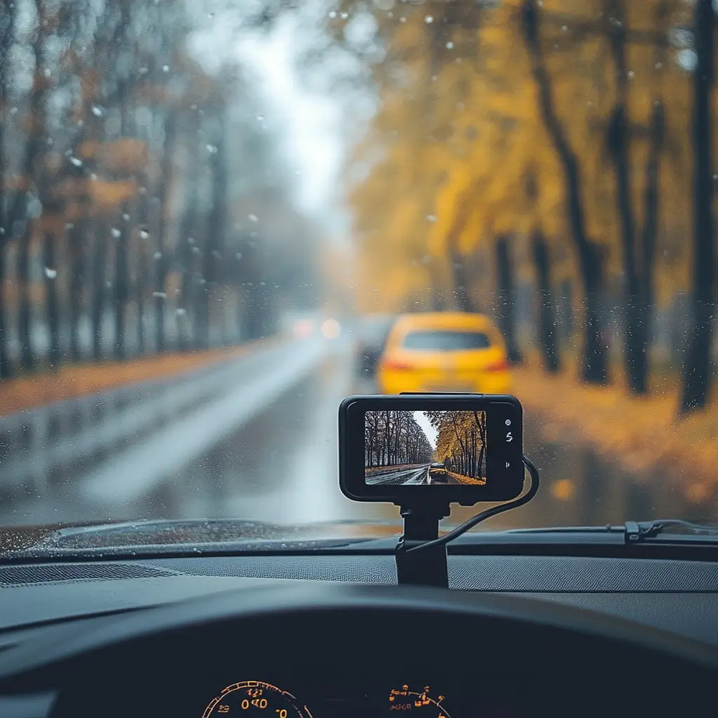 Dashcam mounted on the front of a car looking onto road