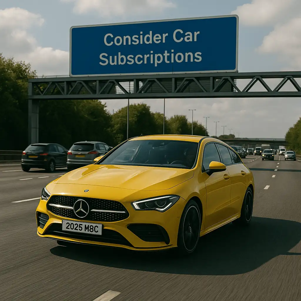 Yellow Mercedes CLA Shootinh Brake driving on a UK Motorway