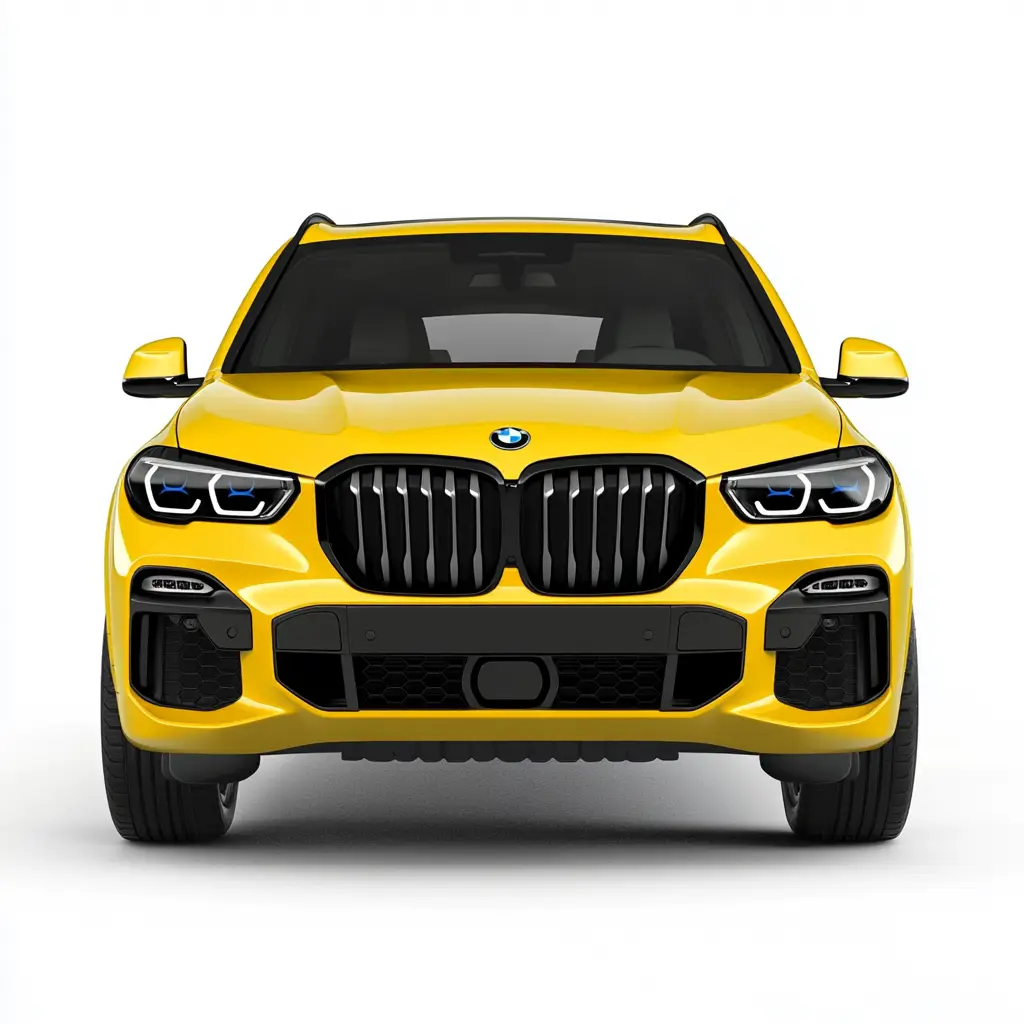 Head on view of a BMW SUV in Yellow