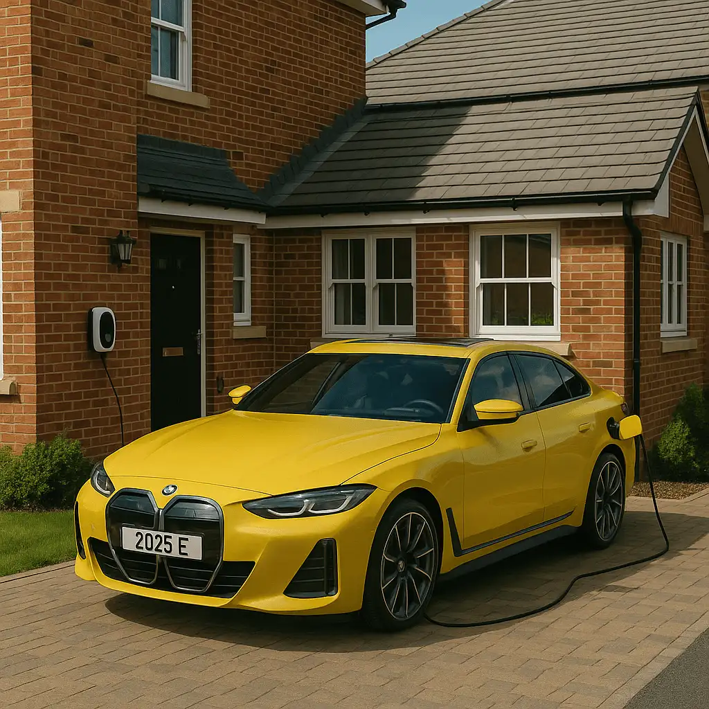 Yellow BMW i4 on charge outside a house
