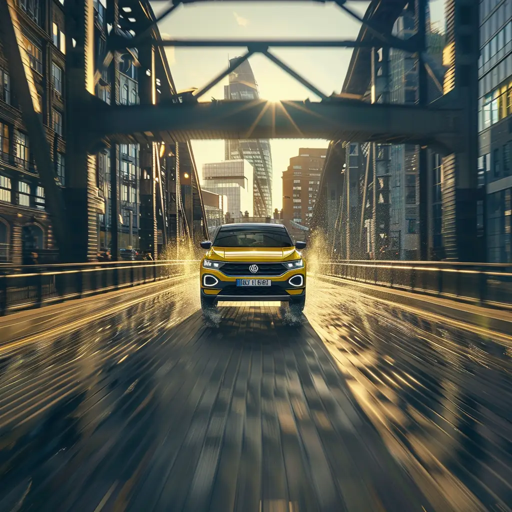 Yellow Volkswagen T-Roc driving across a bridge in a city