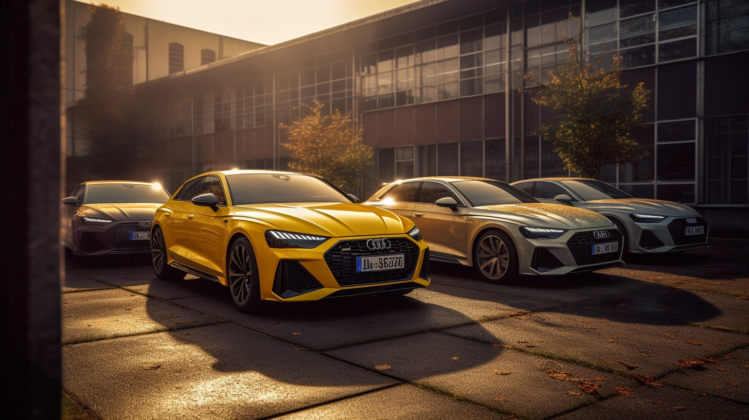 Yellow Audi parked with other coloured Audis for award ceremony