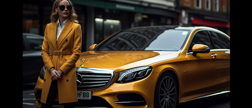 Business Lady in a yellow coat stood in front of a brand new Mercedes S Class in the streets of London