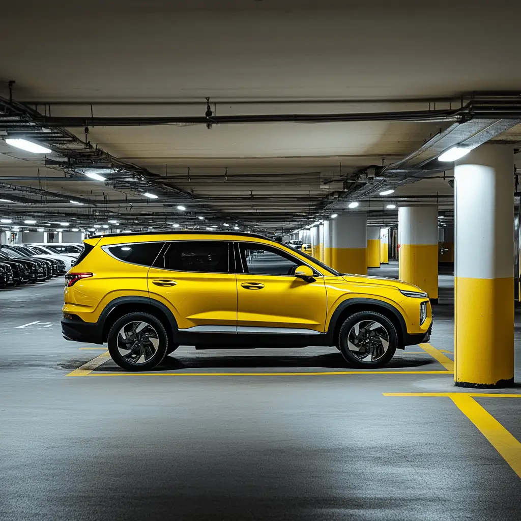Yellow Hyundai parking in a Multi Storey car park