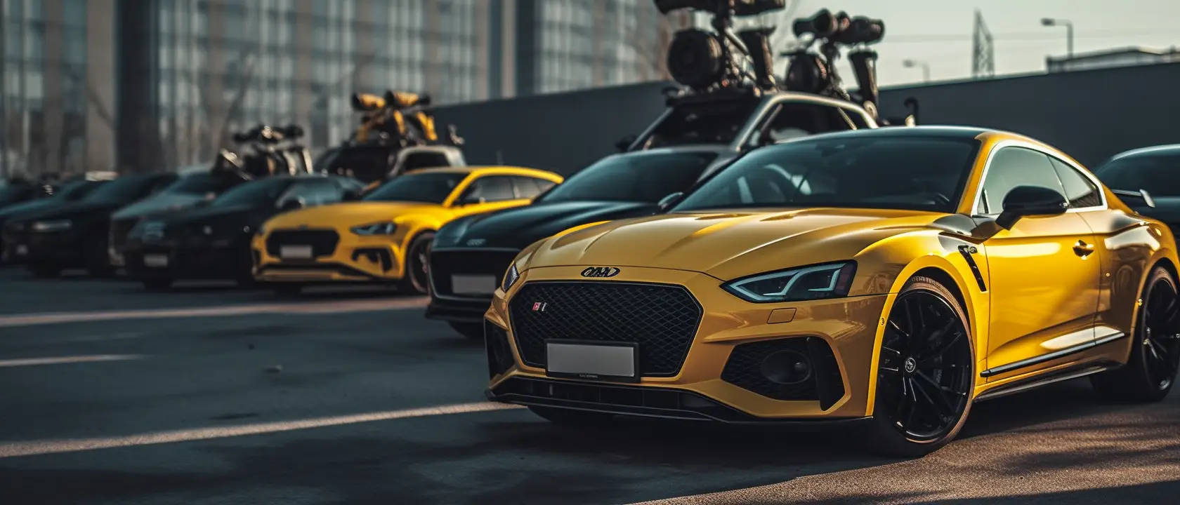 Yellow cars parked up outside office building