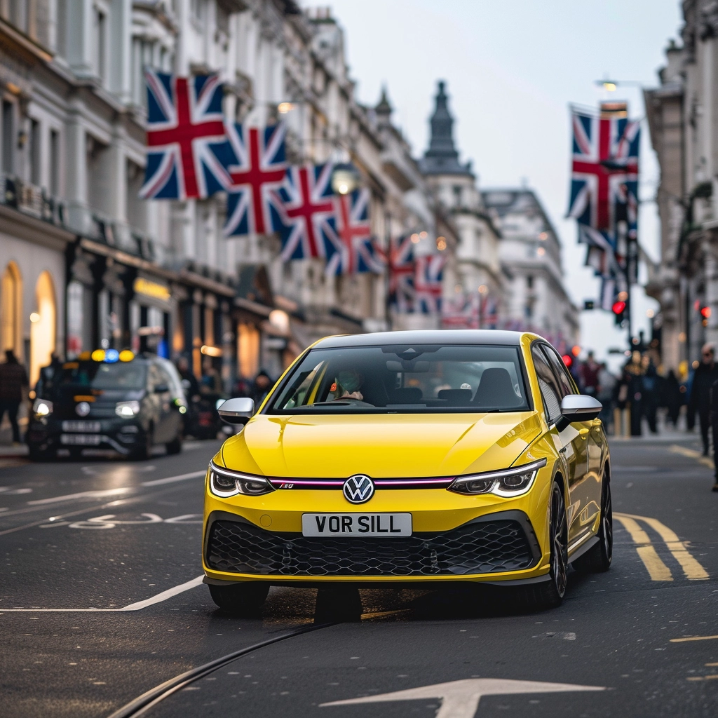 VW Golf in Yellow driving down Oxford Street in London