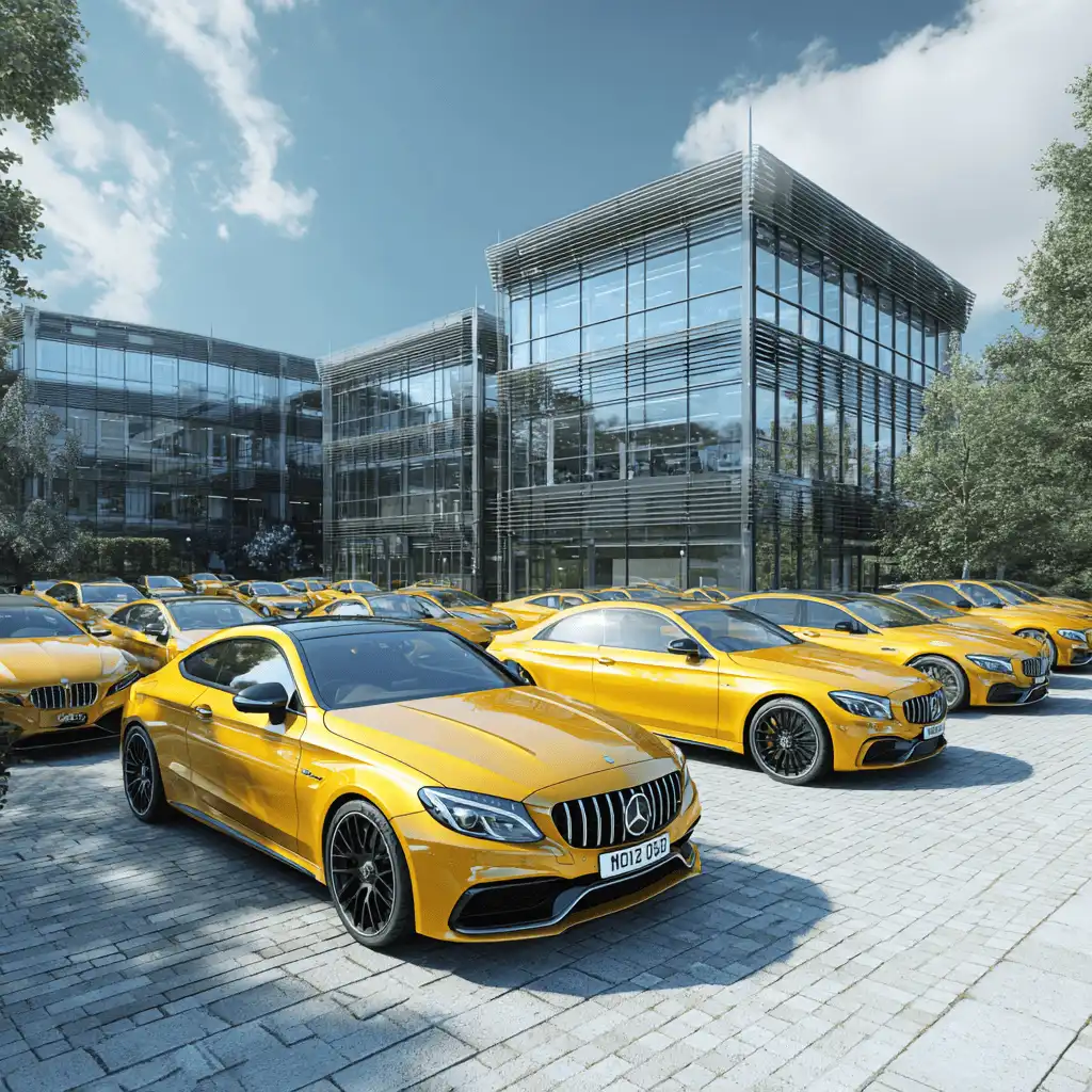 Yellow German Cars parked outside a corporate office