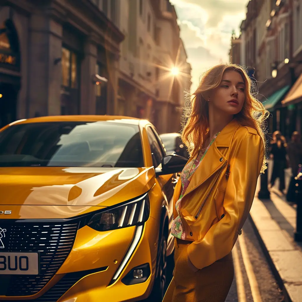 Female model stood posing next to Yellow Peugeot 208 on a busy street
