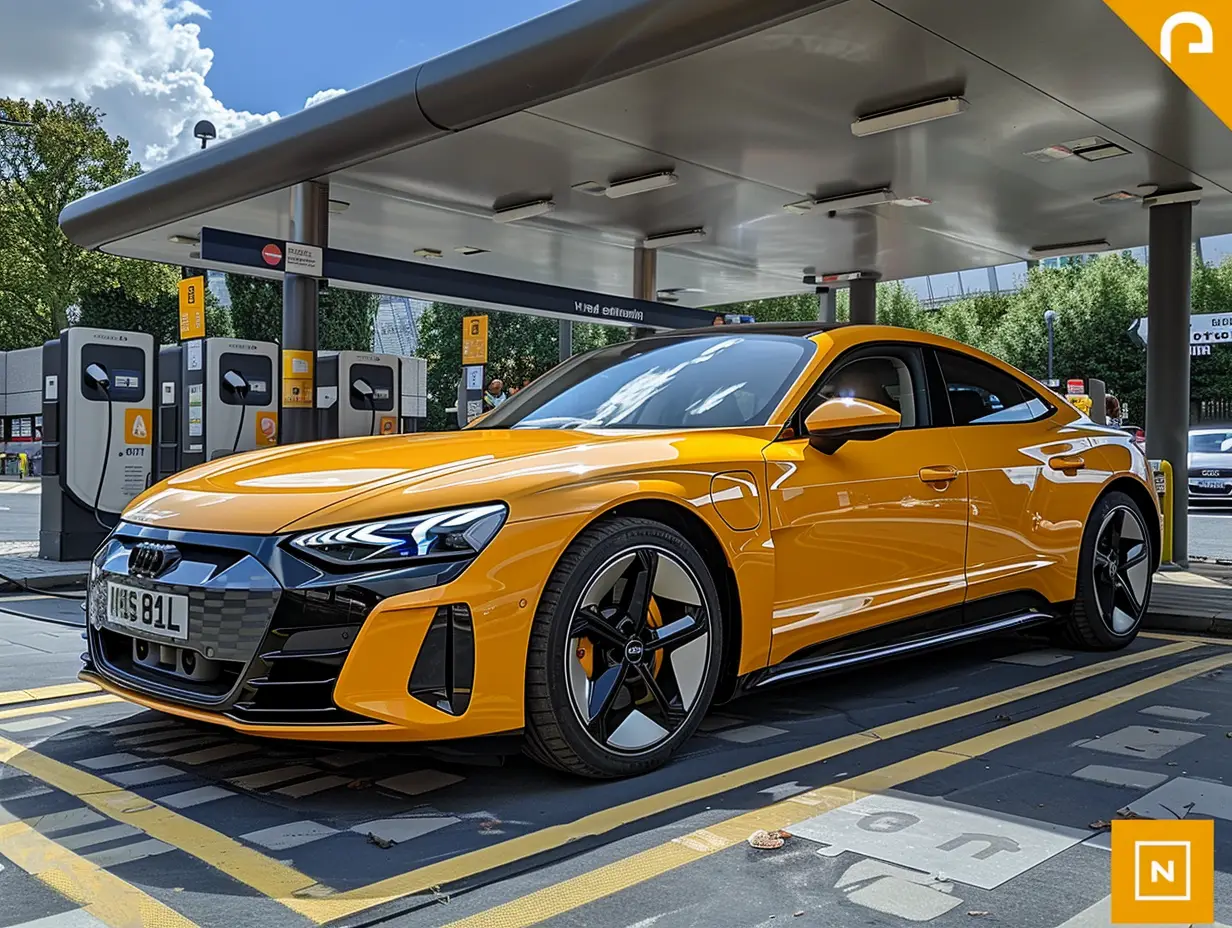Audi E-Tron GT Saloon on charge at a service station