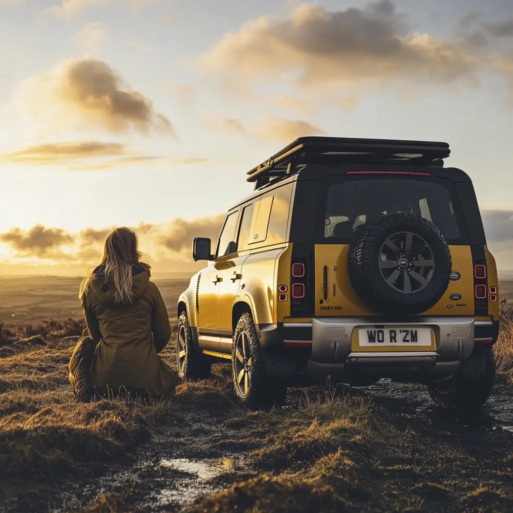 Yellow Land Rover Defender parked on a marsh with a lady and a Labrador dog