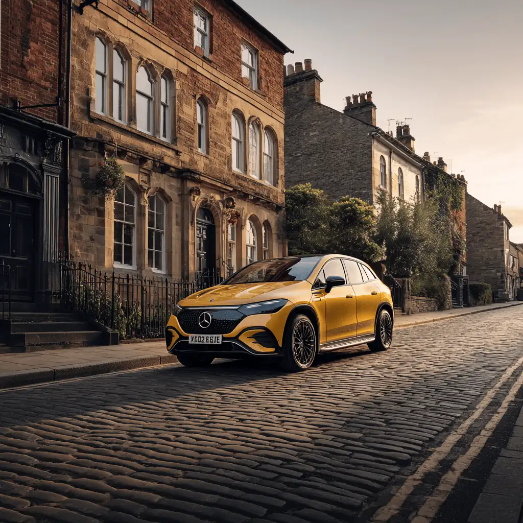 Yellow Mercedes-Benz EQE on cobbled street