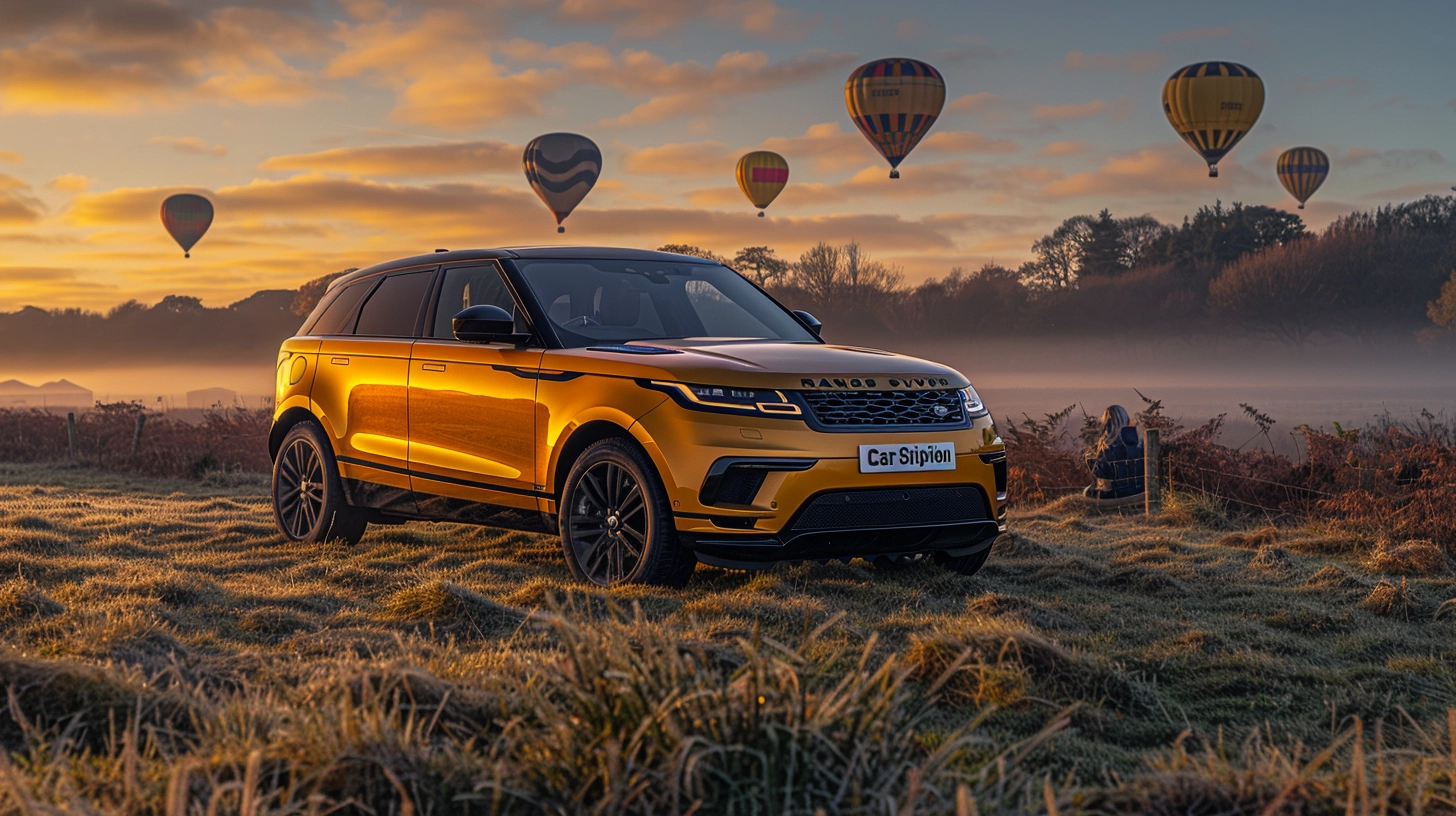 Yellow Range Rover Evoque parked on a hill with hot air balloons floating in the background