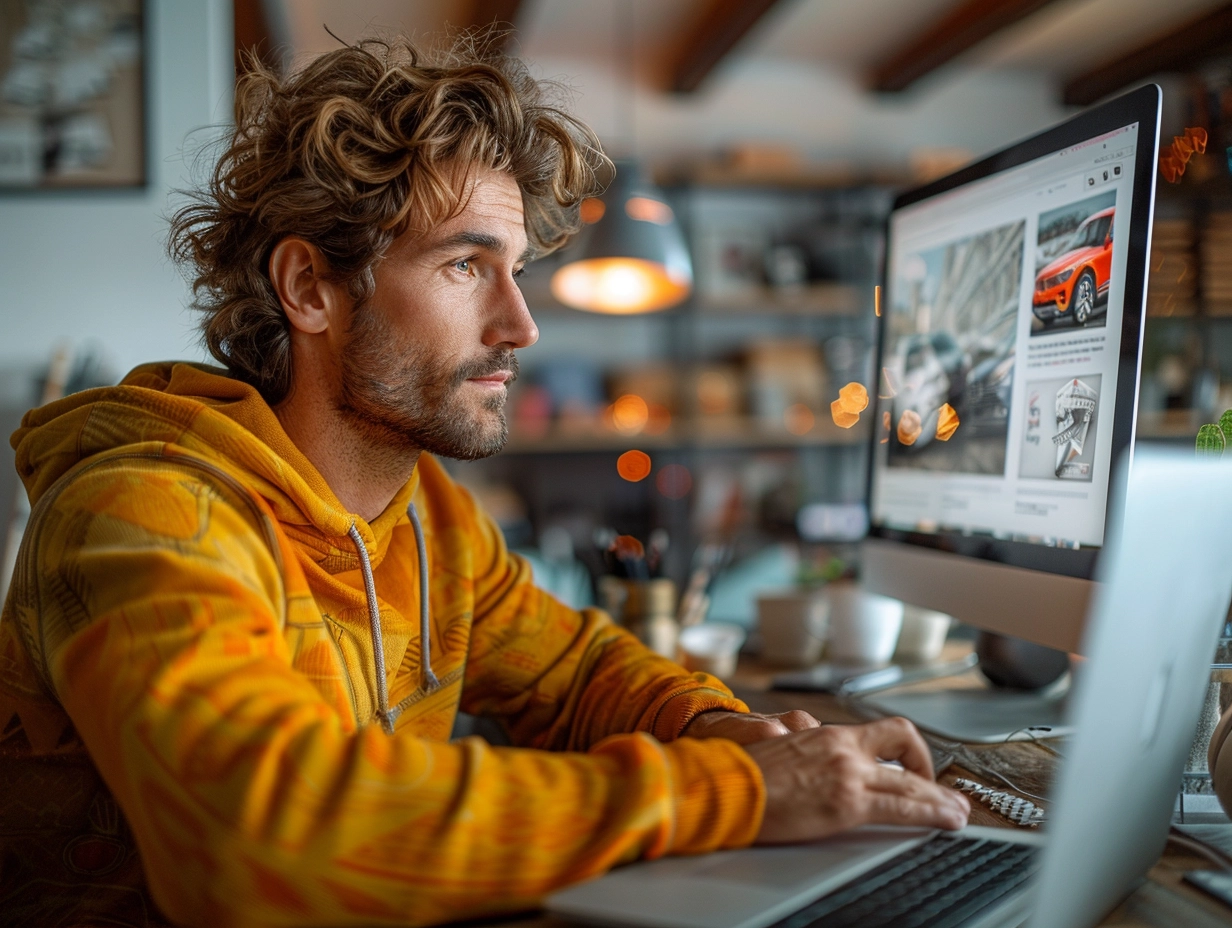 Man in yellow hoodie looking at car subscriptions on an Apple iMac