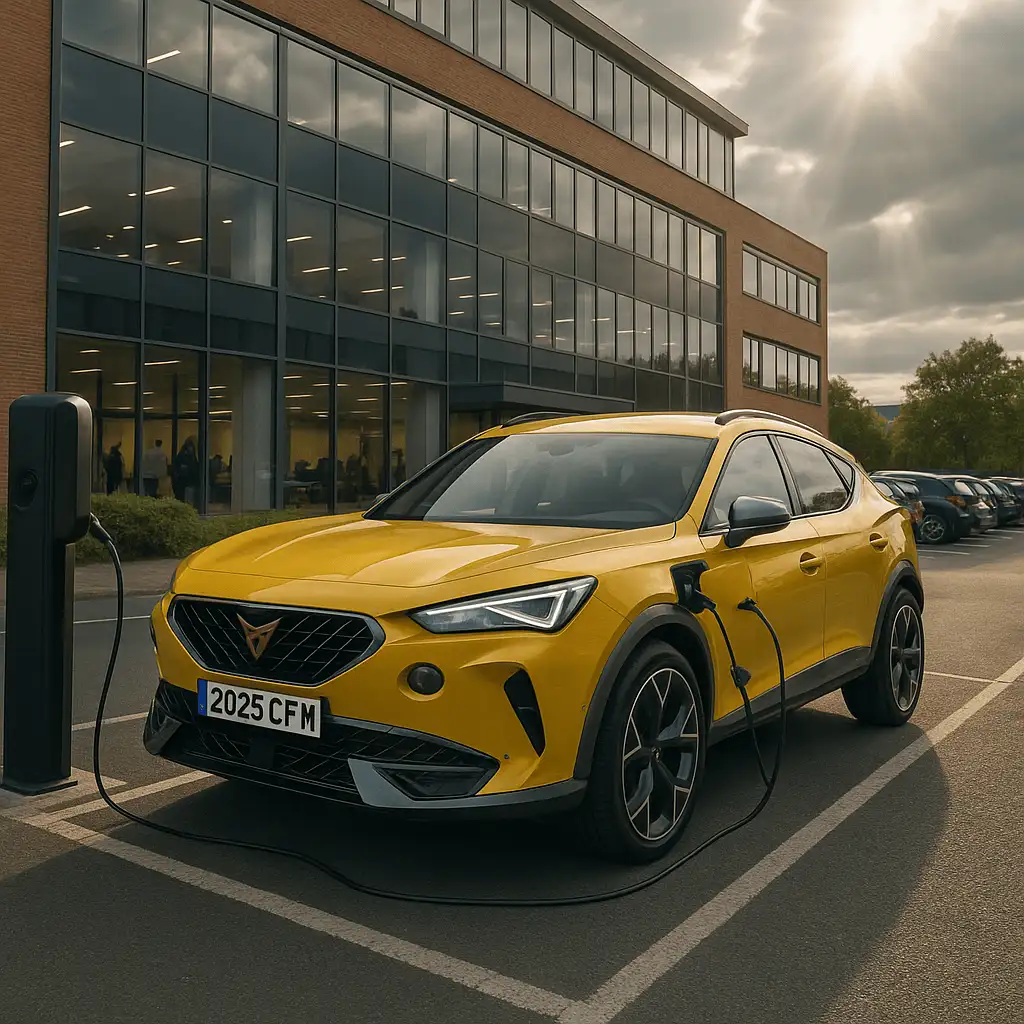 Yellow Cupra Formentor on charge outside a busy office