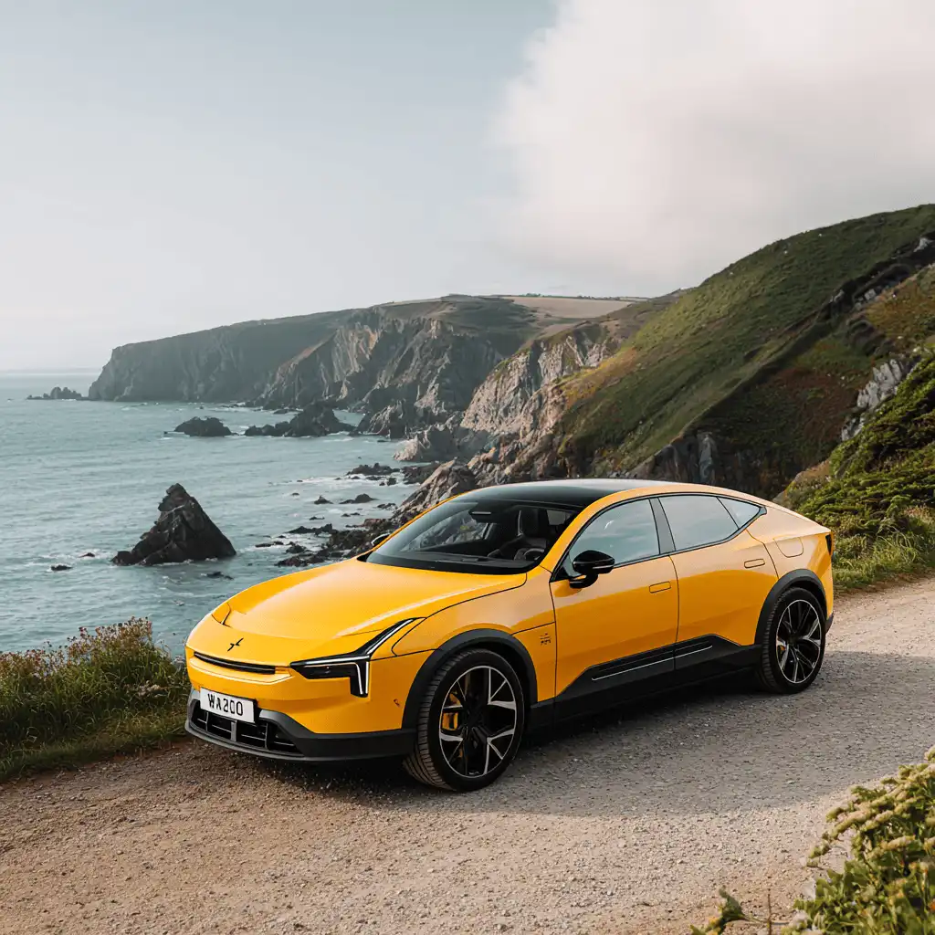 Polestar 4 in Yellow parked on a coastal road
