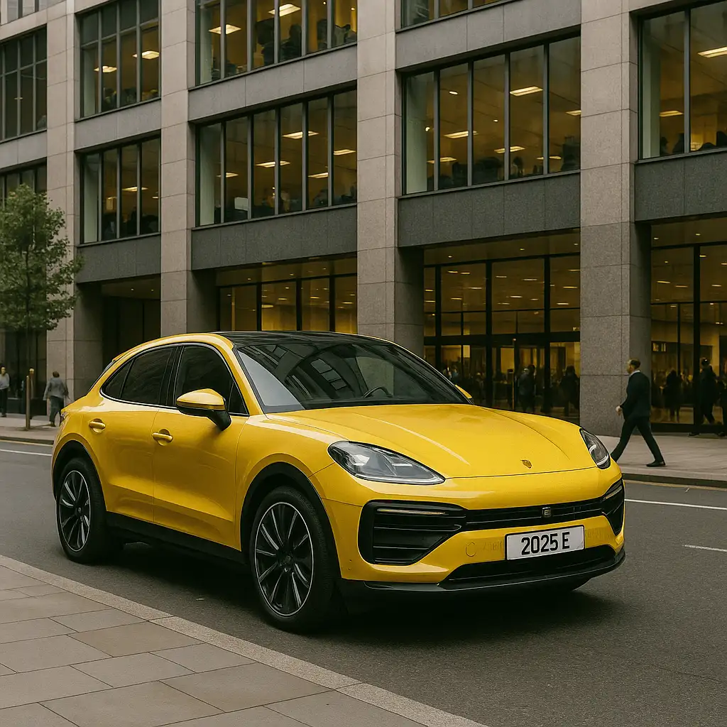 Yellow Porsche Macan Electric parked outside an office in London